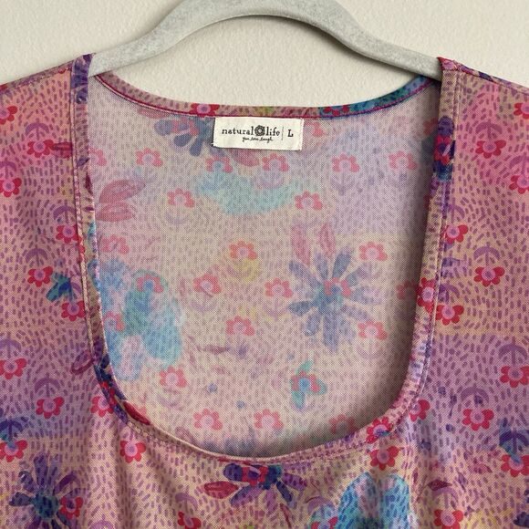 Natural Life Womens Pink Mesh Floral Sheer Top Size Large Y2K Boho Hippie Retro - Picture 3 of 8